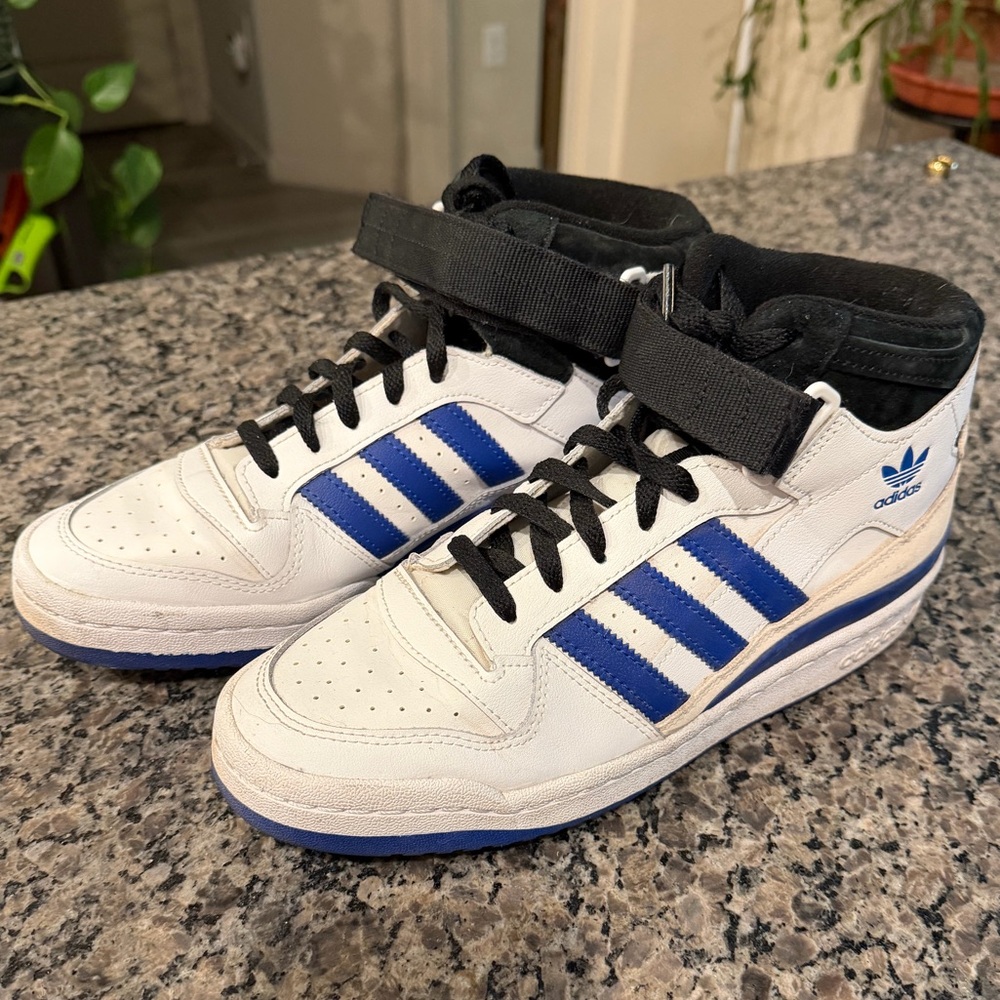 Adidas White and Blue Mid-Top Sneakers with Black Accents